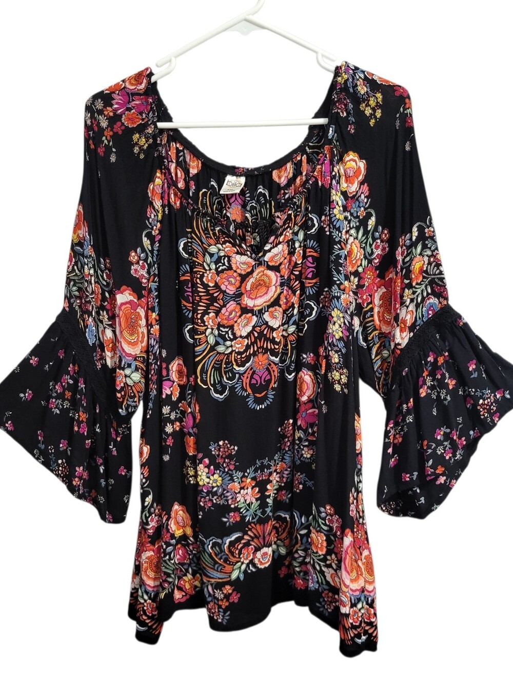 Bila Tunic Top XXL Black Floral Bell Sleeves Boho Fairy Grunge Whimsigoth Hippie